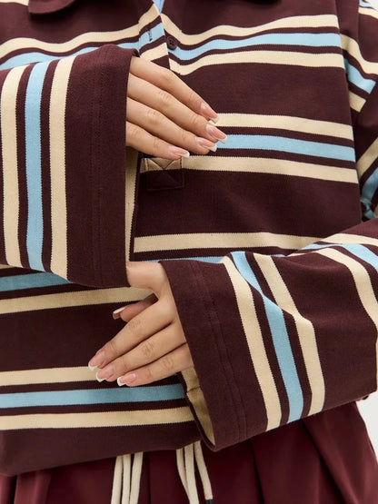 Autumn Casual Stripes Contrast Long-sleeved T-shirt Women Button Lapel Polo Shirt Tshirts New Streetwear Retro Chic Tops 2025