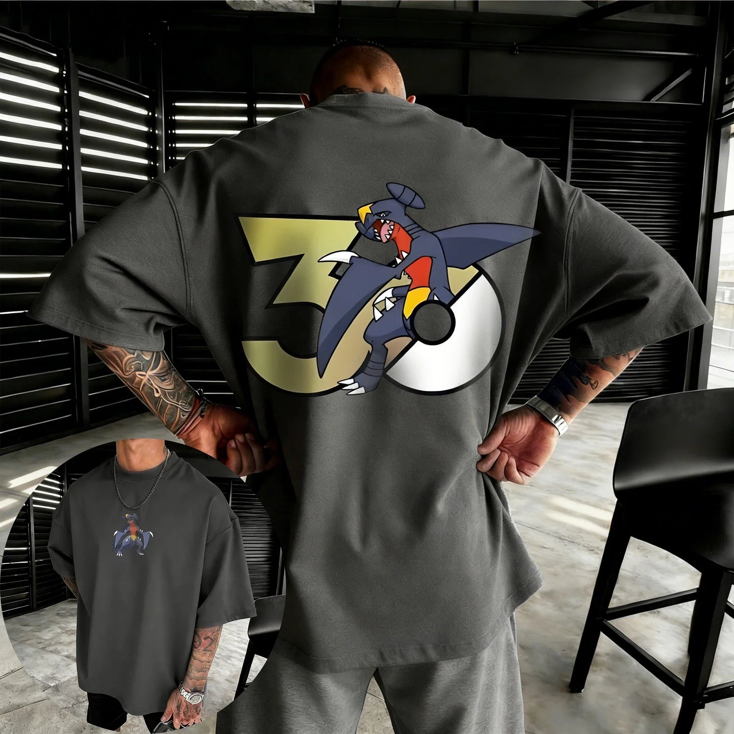 30th Anniversary Garchomp Printed T-shirt Summer Men's and Women's Loose Casual Hip Hop Trendy Short Sleeve Top