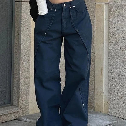 Jeans for Woman Y2k Clothes Relaxed Loose Fit Wide Leg Trousers Vintage American Retro Style with Rivet Patchwork Split Design