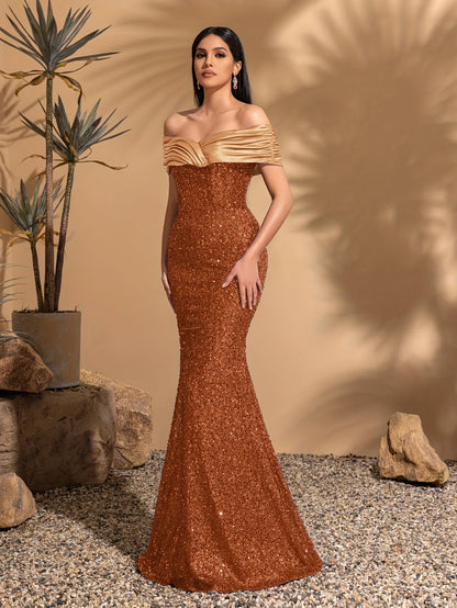 Off-the-shoulder pleated hip-hugging dress, elegant and chic dress