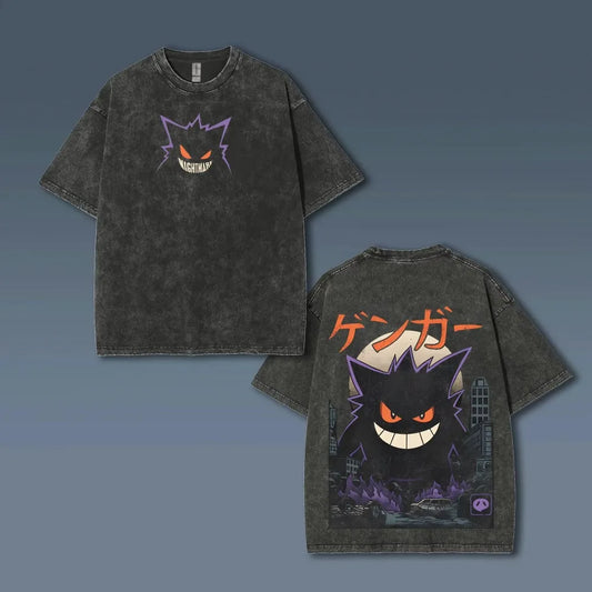 Animated Gengar Print Vintage Washed Short Sleeve T-Shirt Men and Women Summer Casual Fashion Clothing Cotton