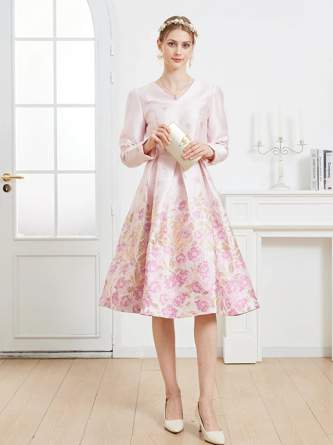 Fall/Winter Elegant French-style Romantic Pink Heavy Embroidery V-Neck Long-Sleeve Party Banquet Dress wedding guest dress