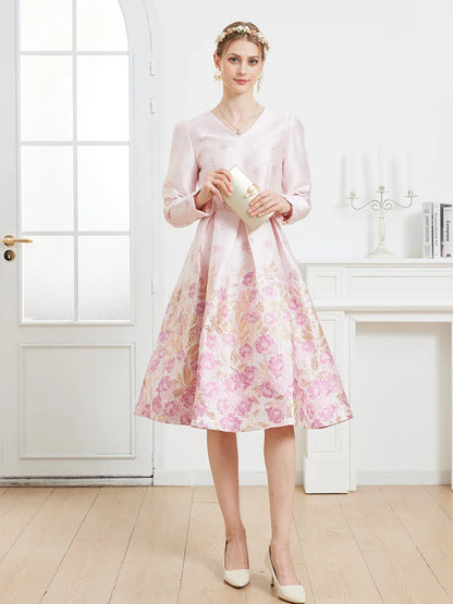 Fall/Winter Elegant French-style Romantic Pink Heavy Embroidery V-Neck Long-Sleeve Party Banquet Dress wedding guest dress