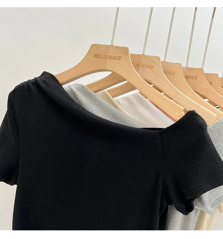 Womens Long Sleeve Off Shoulder T Shirts 2026 Tight Knit Sexy Slim Fitted Casual Women's Basic Tops Cropped T-Shirt