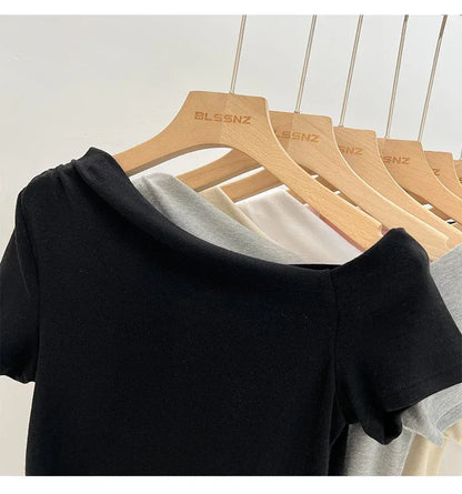 Womens Long Sleeve Off Shoulder T Shirts 2026 Tight Knit Sexy Slim Fitted Casual Women's Basic Tops Cropped T-Shirt