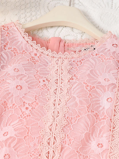New Summer Girls' Princess Dress With Round Neck Print French Pink Short Sleeve Netting Patchwork Skirt