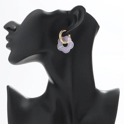 Colorful Flower Resin Acrylic Charms Earring Gold Color Circle Ear Buckle Hoop Earrings Fashion Jewelry for Women