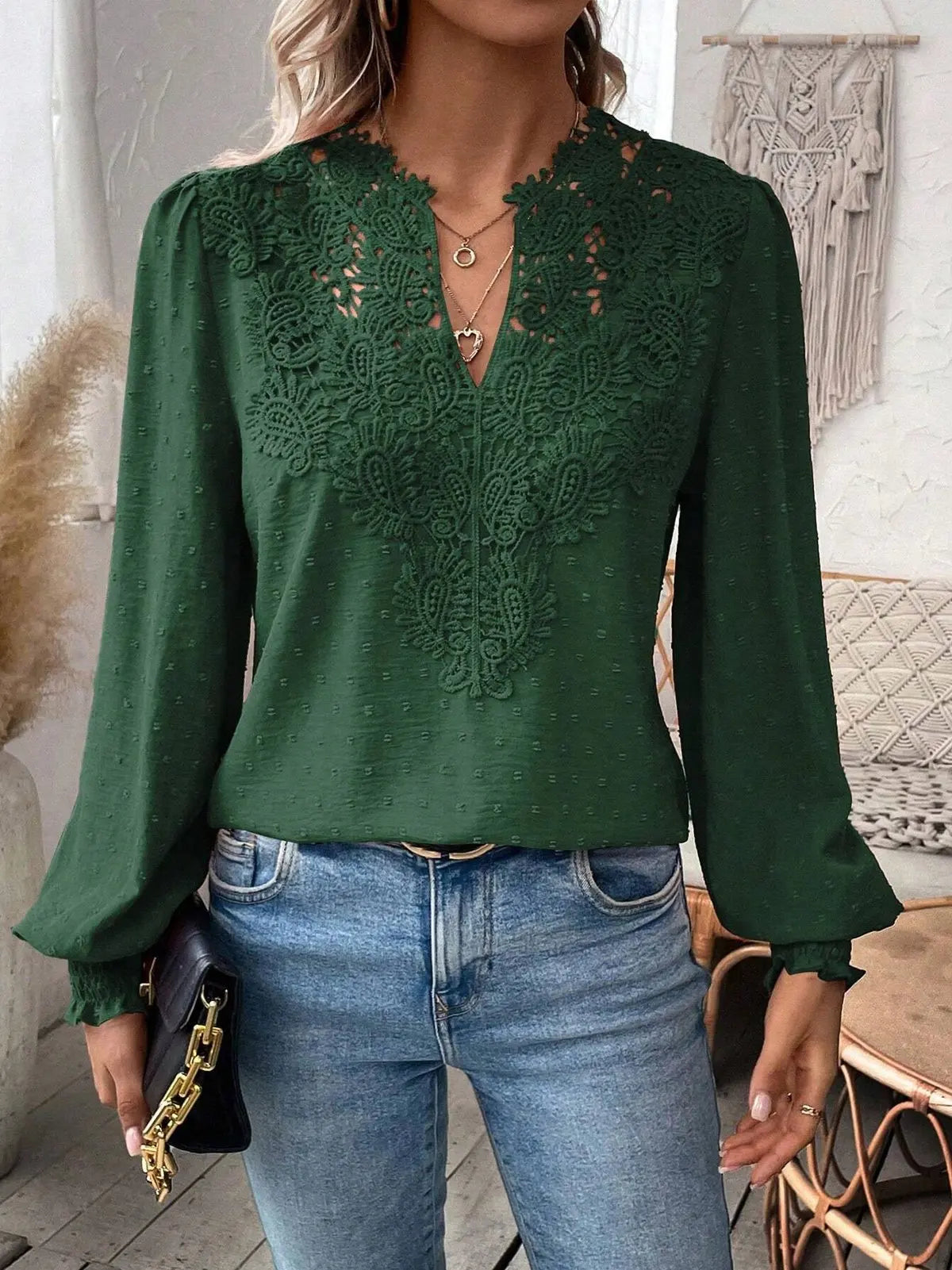 Womens Long Sleeve Sweaters Fall 2024 Trendy Sexy Lace V Neck Puff Sleeve Pullover Sweater Cute Tops
