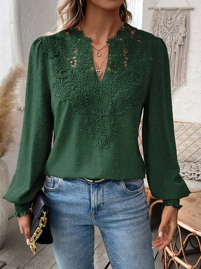 Womens Long Sleeve Sweaters Fall 2024 Trendy Sexy Lace V Neck Puff Sleeve Pullover Sweater Cute Tops