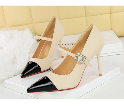 Banquet High Heels Thin Heels Light Mouth Color-Blocked Pointed Toe Rhinestones One-Strip Ultra High Heels Single Shoes Elegant