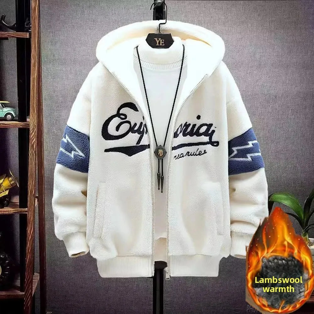 Jaqueta de Algodão Masculina para Estudantes, Blusão de Veludo Cordeiro Grosso Forrado com Fleece, Ajuste Solto Casual, Agasalho Quente para Outono Inverno