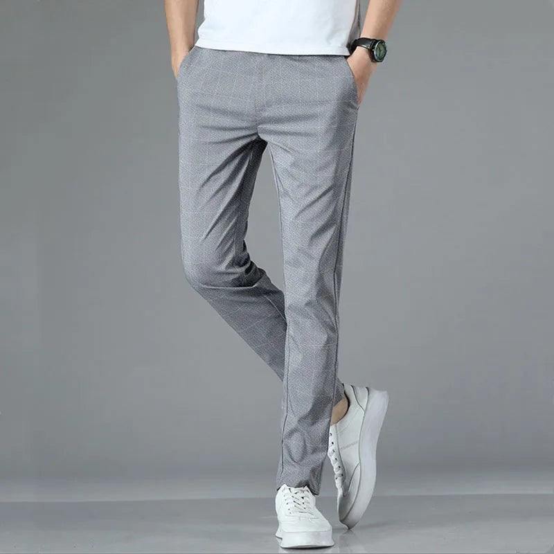 High Quality Plaid Stripe Ankle Length Pants Men Business Long Length Pant Straight Korea Grey Black Suit Formal Trousers Male