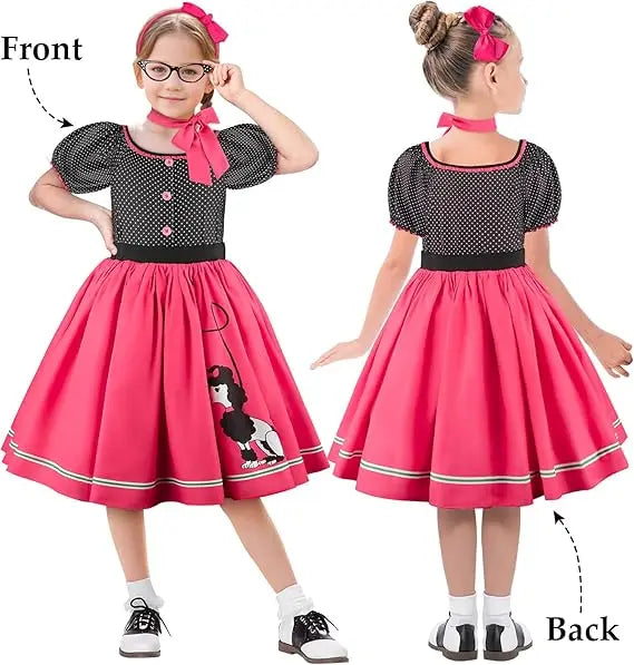 Girls Party Dresses Summer Dress Poodle Print Polka Dot Vintage Dress With Scarf Outfit Girls Casual Summer Dresses Birthday