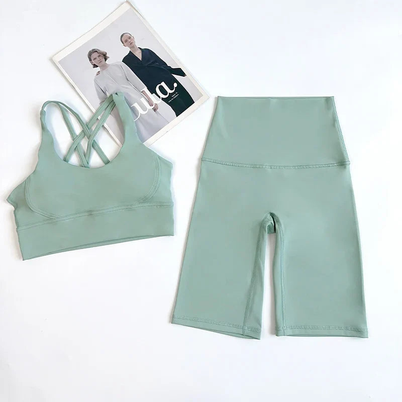 2 Pieces Yoga Shorts Gym Sports Sets Women Fitness Suits Cross Back Bra Top High Waist Shorts Running Workout Tracksuit👚👍️