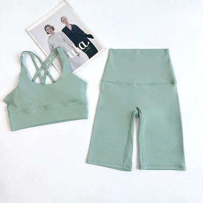 2 Pieces Yoga Shorts Gym Sports Sets Women Fitness Suits Cross Back Bra Top High Waist Shorts Running Workout Tracksuit👚👍️