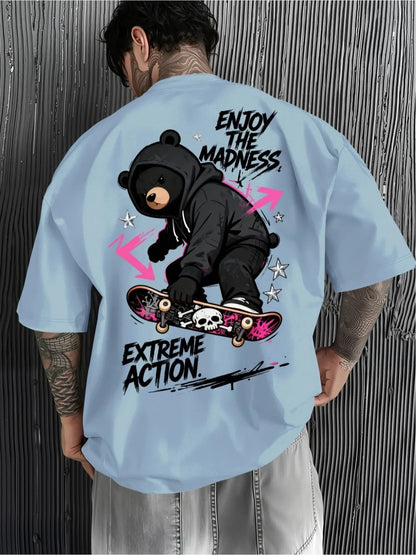 American men's summer trend skateboard teddy bear letter print soft and breathable round neck T-shirt outdoor casual top