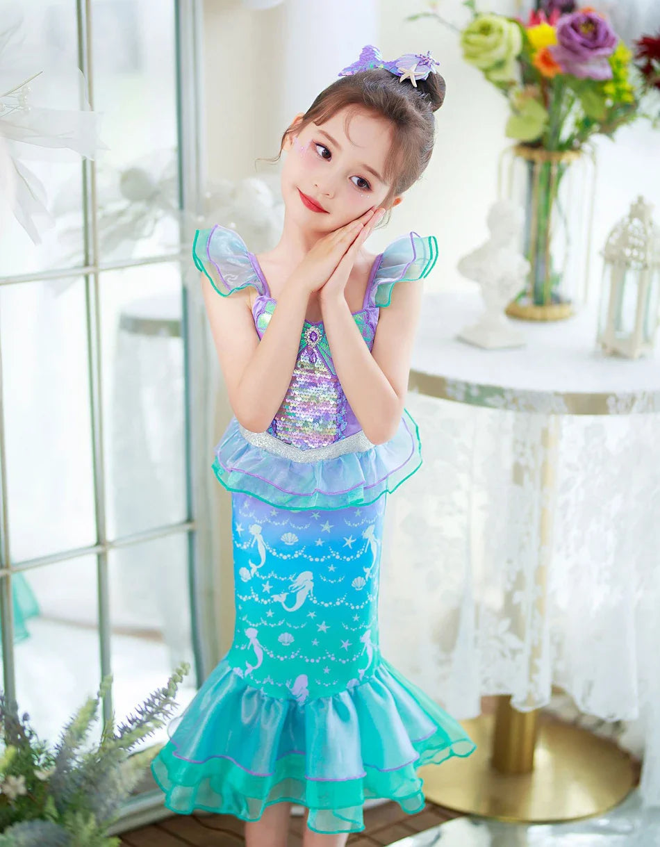 Ariel Cosplay Princess Costume Kids Cartoon Printed Dress Girls Halloween Children Carnival Birthday Party Clothes