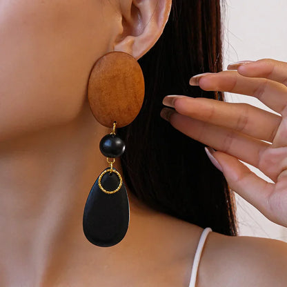 Vintage Wood Earring Dangle for Women Geometric Oval Water Drop Earrings European American Style Large Long Earrings Jewelry