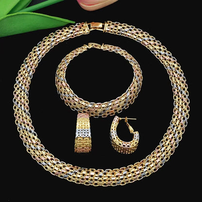 Dubai Luxury Handmade Women Jewelry Set 18k Gold-Plated Chain Necklace Bracelet Stud Earring Full Set Party Wedding Bijoux