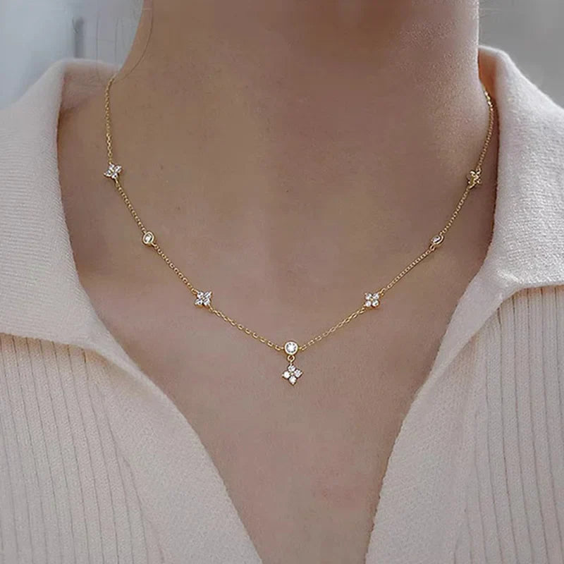 Dainty Lucky Leaf Necklace for Women 925 Sterling Silver Trendy 14K Gold Plating Cute White CZ Flowers Pendant Choker Necklaces