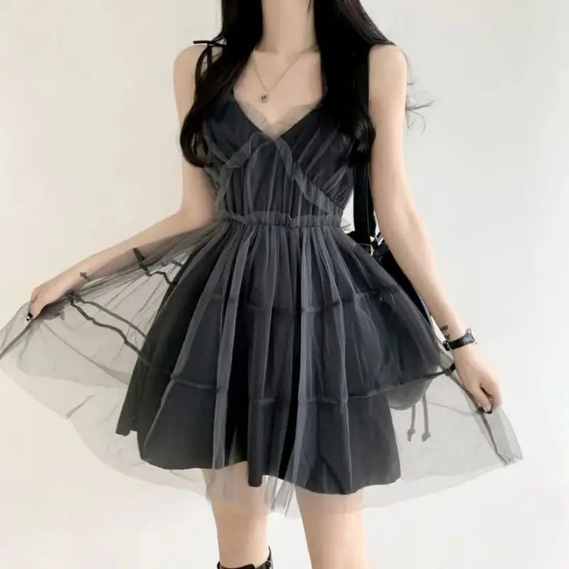 Y2k Black Mesh Women's Ball Gown Dresses 2025 New Sleeveless Strapless V-neck Party Sexy Mini Dress for Womens