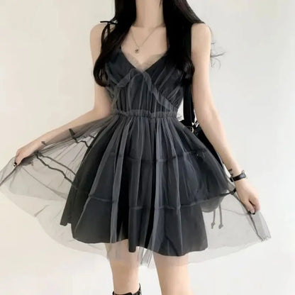 Y2k Black Mesh Women's Ball Gown Dresses 2025 New Sleeveless Strapless V-neck Party Sexy Mini Dress for Womens