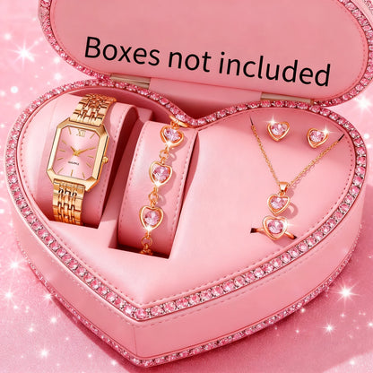 6pcs Elegant Rectangle Women Watches Heart Pendant Jewelry Set Ladies Quartz Wristwatch Reloj Mujer（Without Box）