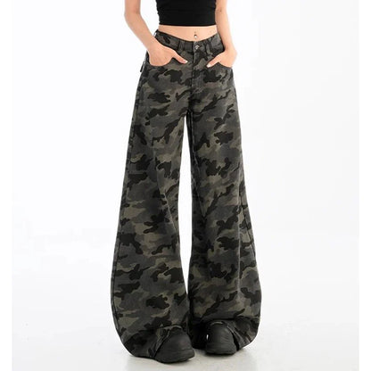 Girls High Waist Vintage Camouflage Jeans Pants