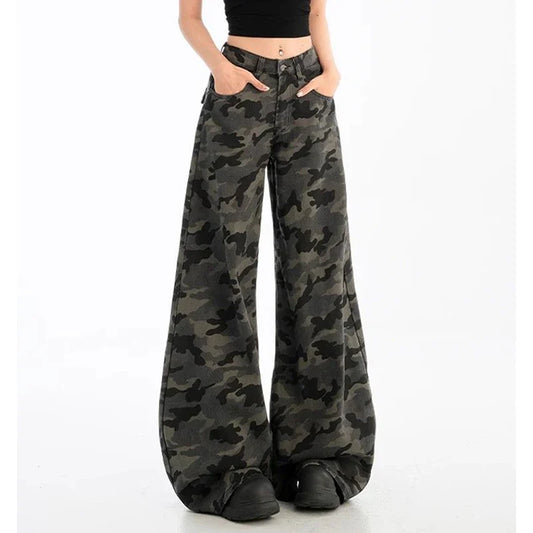 Girls High Waist Vintage Camouflage Jeans Pants