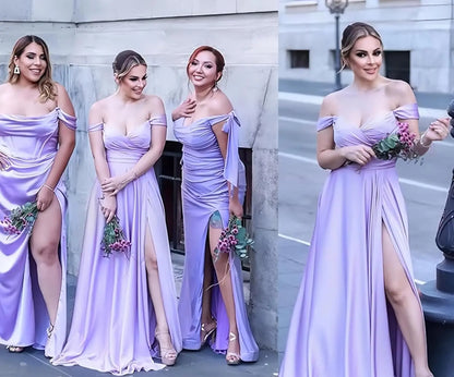 Women's Satin Prom Dresses Long Slit Formal Dresses Off Shoulder Evening Wedding Party Gowns Ruched Sweetheart Lace up Back