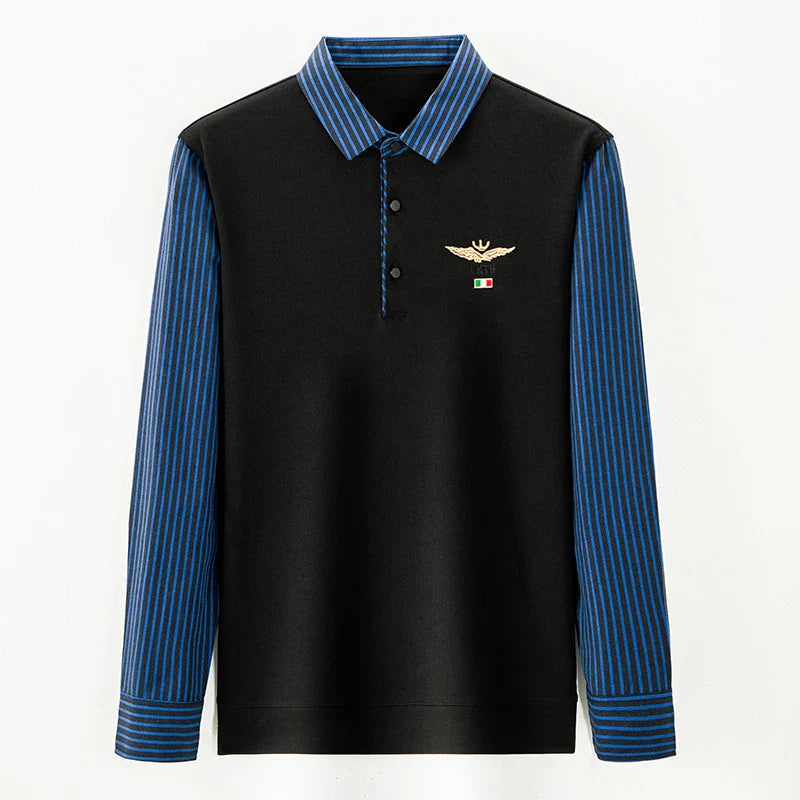 2025 New Men's Casual and Fashionable Long Sleeved POLO Shirt with Contrasting Print Anti Wrinkle Top