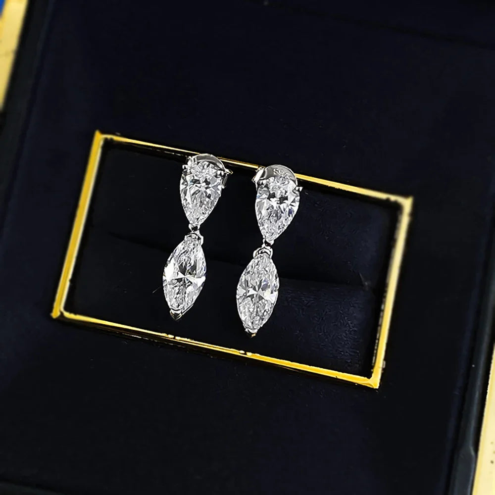 4cttw Double-stone Moissanite Drop Earrings For Women Pear-Marquise Cut Diamond Stud Earring Certified S925 Silver Fine Jewelry