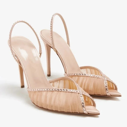 Trending Ladies Shoes 2026 Women Sandals High Heels Summer Luxury Shoes Nude Pink Mesh Slingback Stiletto Party Runway Sandals