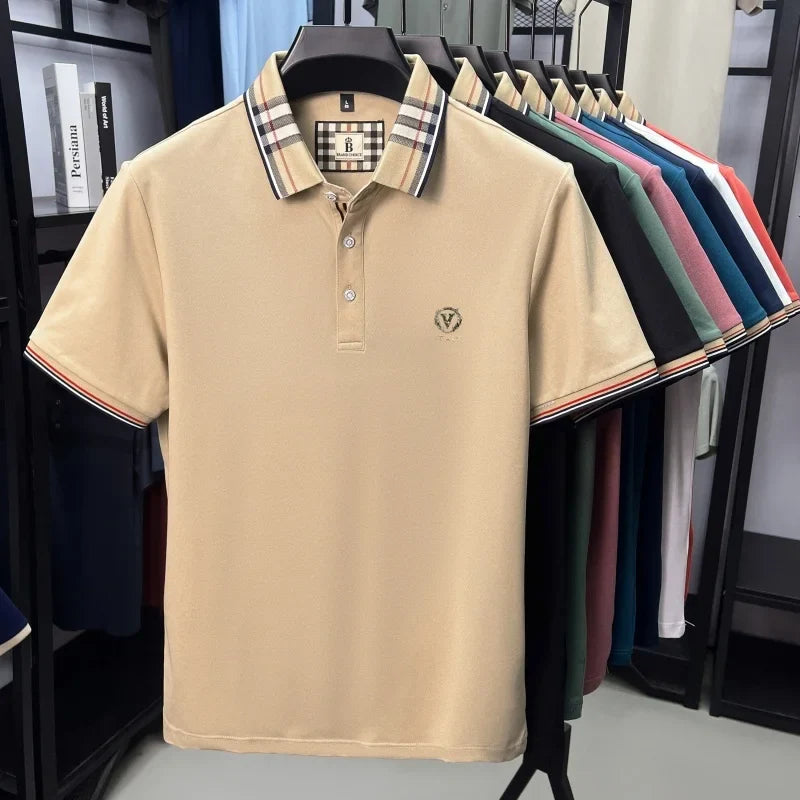 High end brand men's short sleeve polo shirt summer new letter emboss lightweight breathable fashion color blocked lapel T-shirt