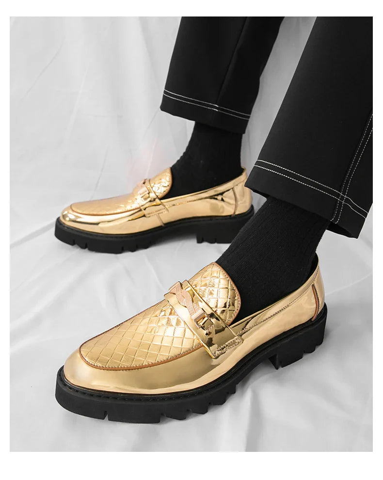 British Style Gold Luxury Loafers For Man Leather Shoes Design Pointed Toe Men's Dress Shoes Casual Wedding Formal Shoes Men