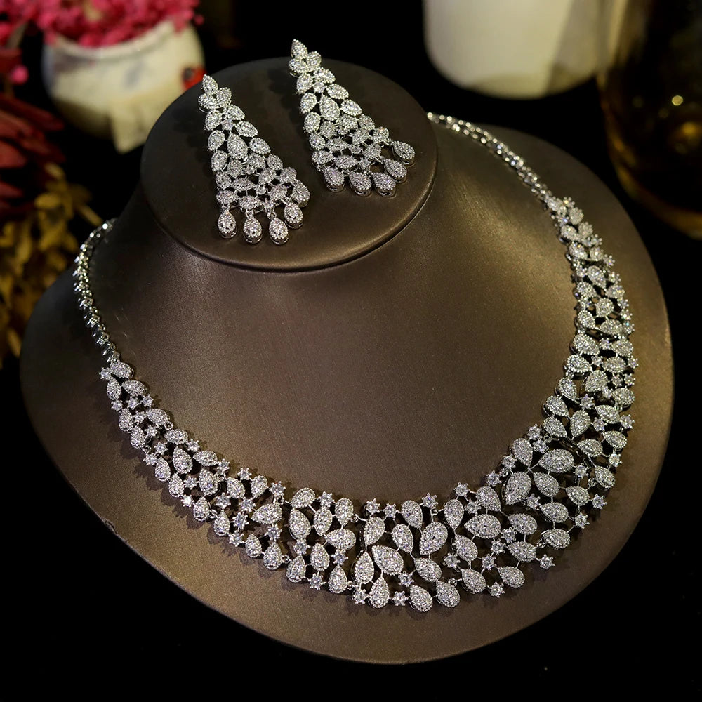 Gorgeous CZ Crystal Zirconia Luxury Silver Color Necklace Europe Bridal Wedding Party Dubai Jewelry Set for Women 2024