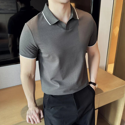 Business Casual Solid Color Men's Polo Shirt, 2024 Summer Classic, Men Short Sleeve V-neck T-shirt, Slim Fit Spliced Polo 4XL-M