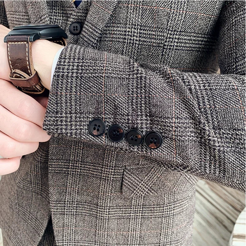 Checkered Suit (Blazer+Vest+Pants) Men's Fashion Hosting Work Business Wedding Casual Linen Art Style Elegant Gentleman's Suit
