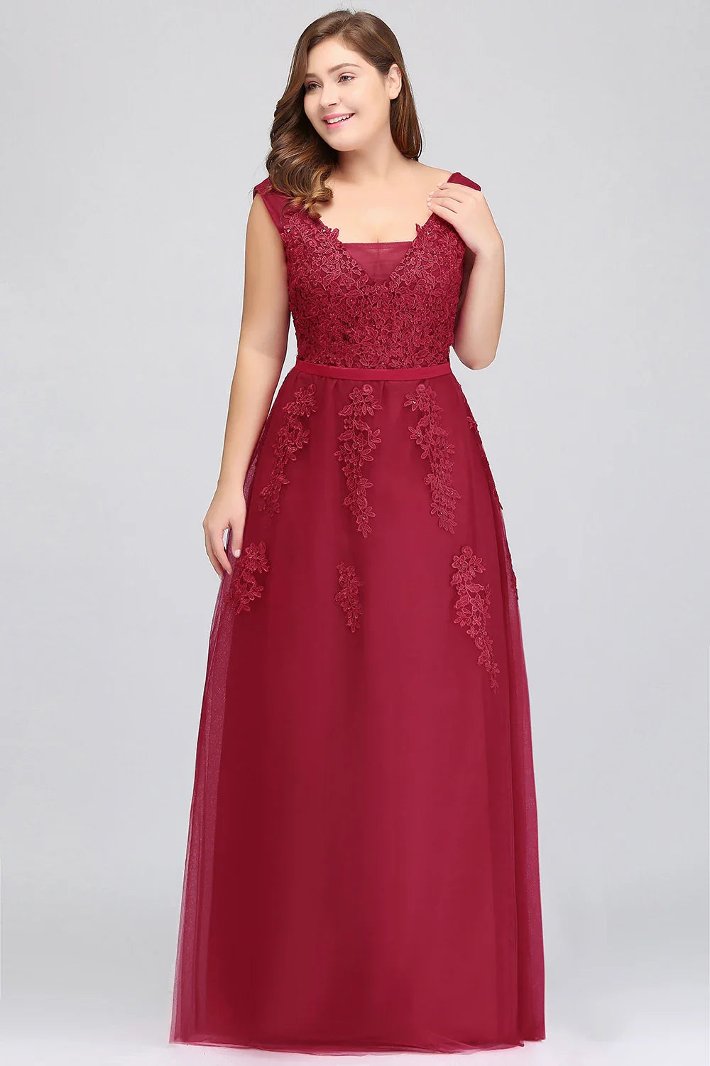 Women Burgundy Evening Dress Lace Appliques Tulle V-Neck Sexy Backless Prom Dresses A-Line Floor-Length Sleeveless Party Vestido