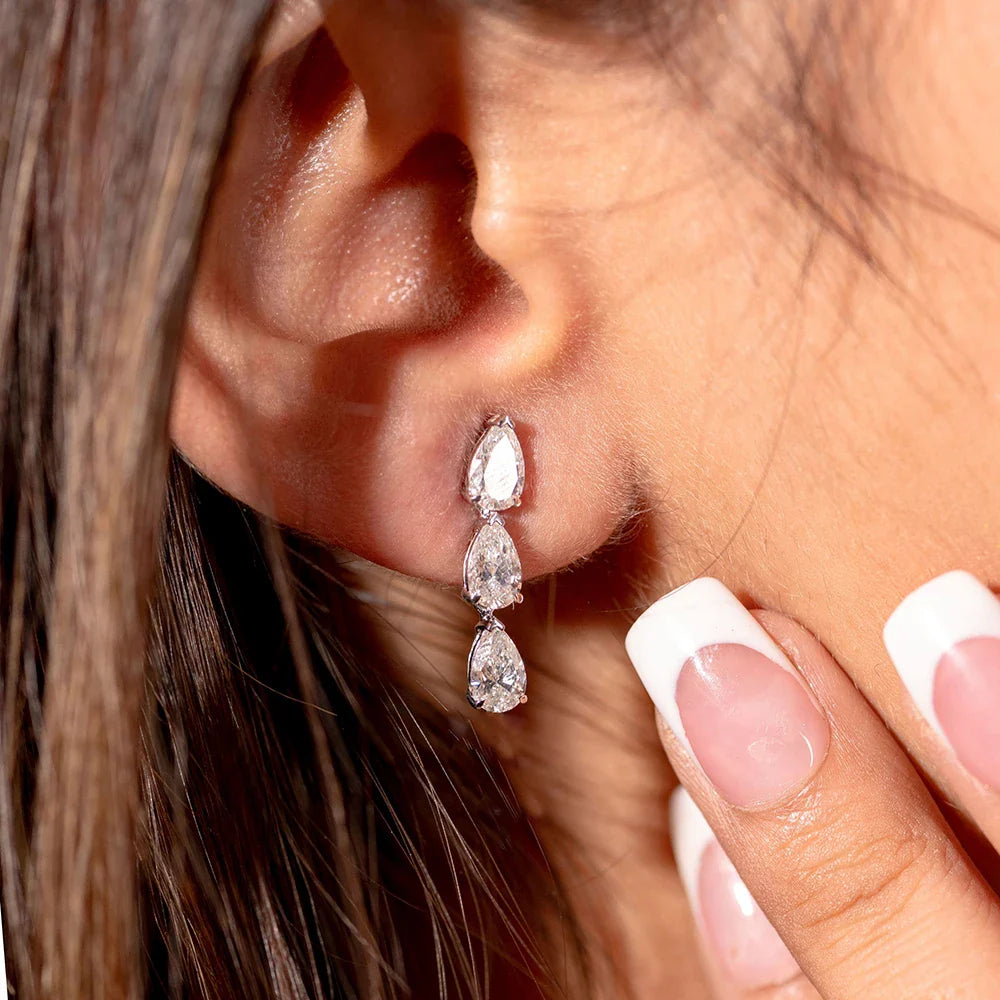 3-Stone Pear Cut Real Moissanite Diamond Drop Earrings for Women 925 Sterling Silver Waterdrop Dangle Earring with Certificate