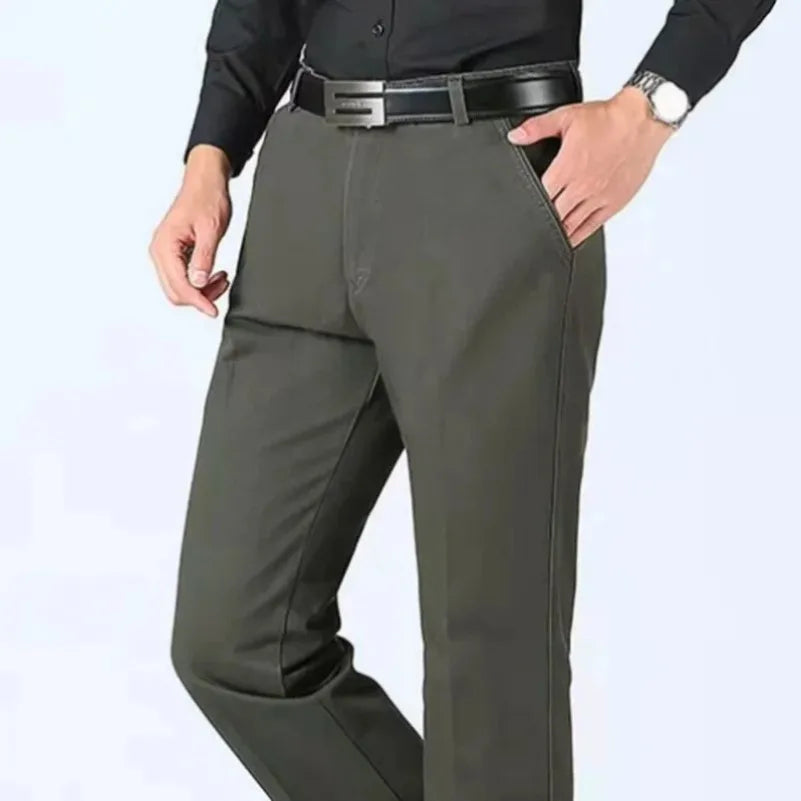 Summer Thin Autumn Thick 100% Cotton Straight Suit Pants Men's Loose Trousers Business Solid Green Casual Brand Clothes GOZBKF