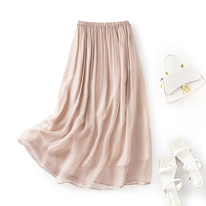 Women 100%Real Silk Elegant Skirts, Elastic Waist Solid, French Temperament Fairy Commute Skirt, 2025 Summer B56433CC