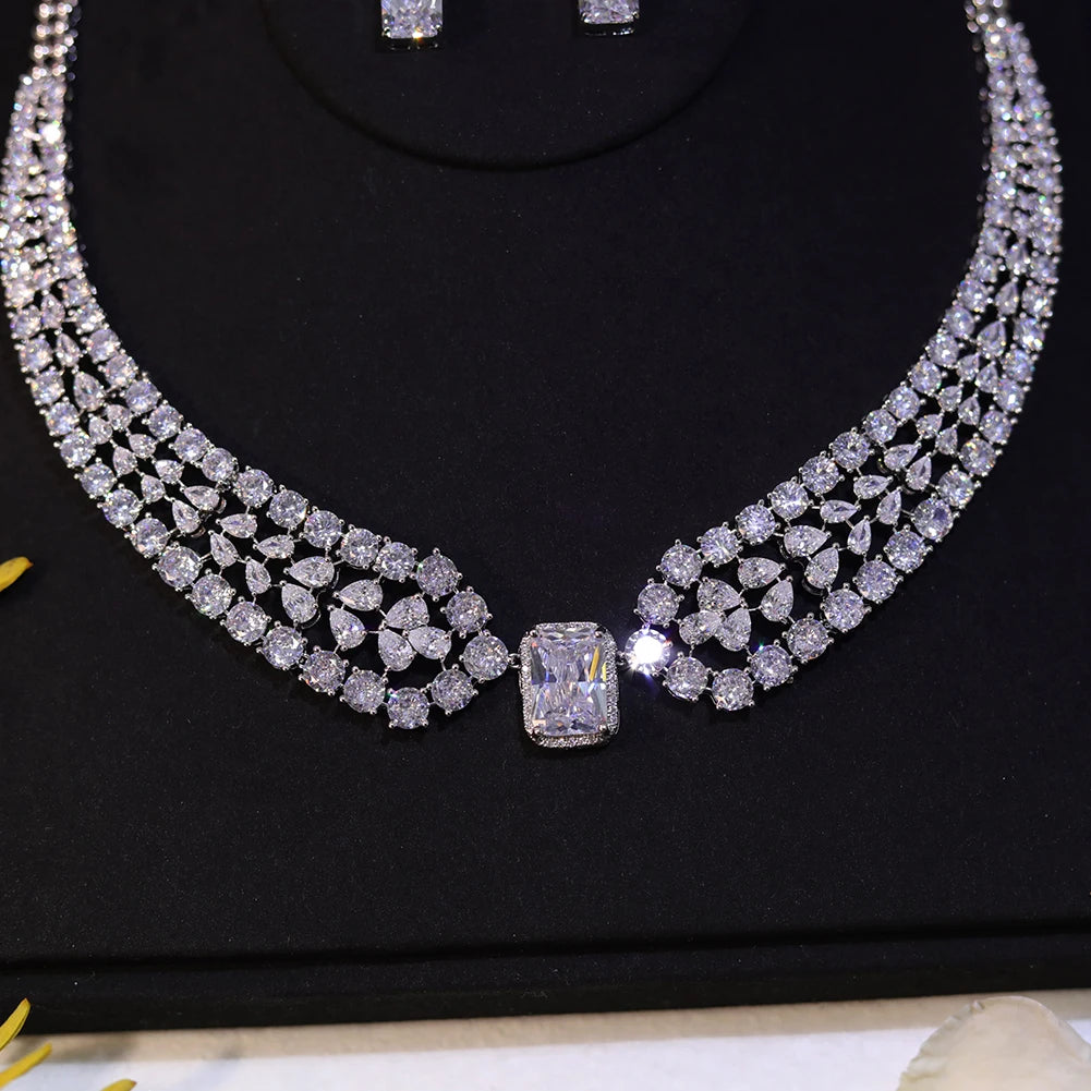 Chic Brilhante Grande Quadrado Luz Branca CZ Cristal Feminino Festa Casamento Colar e Brincos Conjuntos de Joias da Moda para Noivas Z019