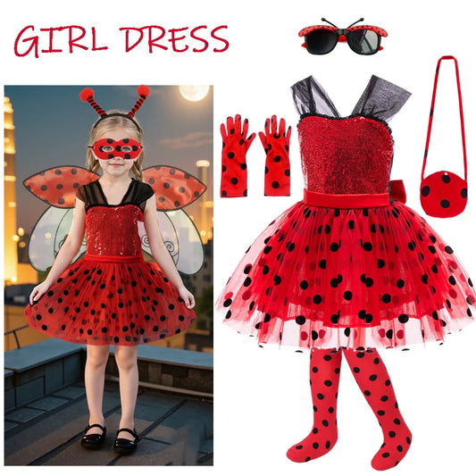 Girl Polka Dot Princess Dress Ladybug Dress Up Fur Ball Headband Black and Red Dress Halloween Cosplay costume Carnival Clothes