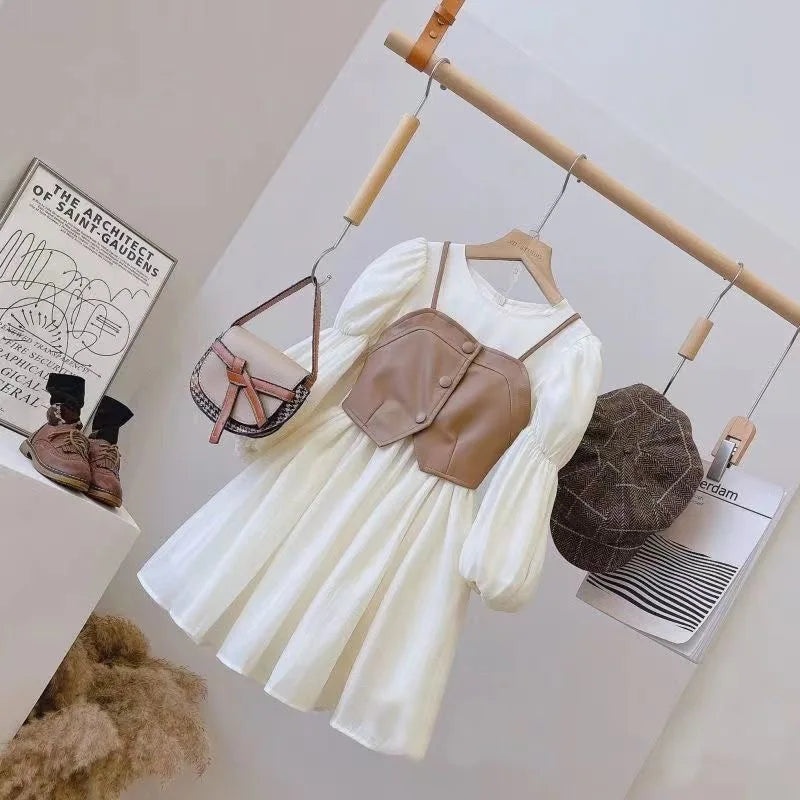 Spring Autumn Girls Dress Set Long Sleeve Children's Retro PU Leather Vest Dress Set Teenage Girls Clothing Suit 4 6 8  12Y
