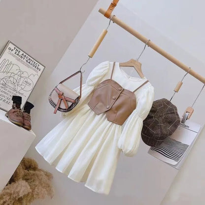 Spring Autumn Girls Dress Set Long Sleeve Children's Retro PU Leather Vest Dress Set Teenage Girls Clothing Suit 4 6 8  12Y