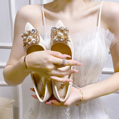 Autumn New Ladies High Heels Pointed Toe Shaped Heel High 5cm and 7cm Wedding Shoes Square Buckle Travel Banquet Shoe High Heels