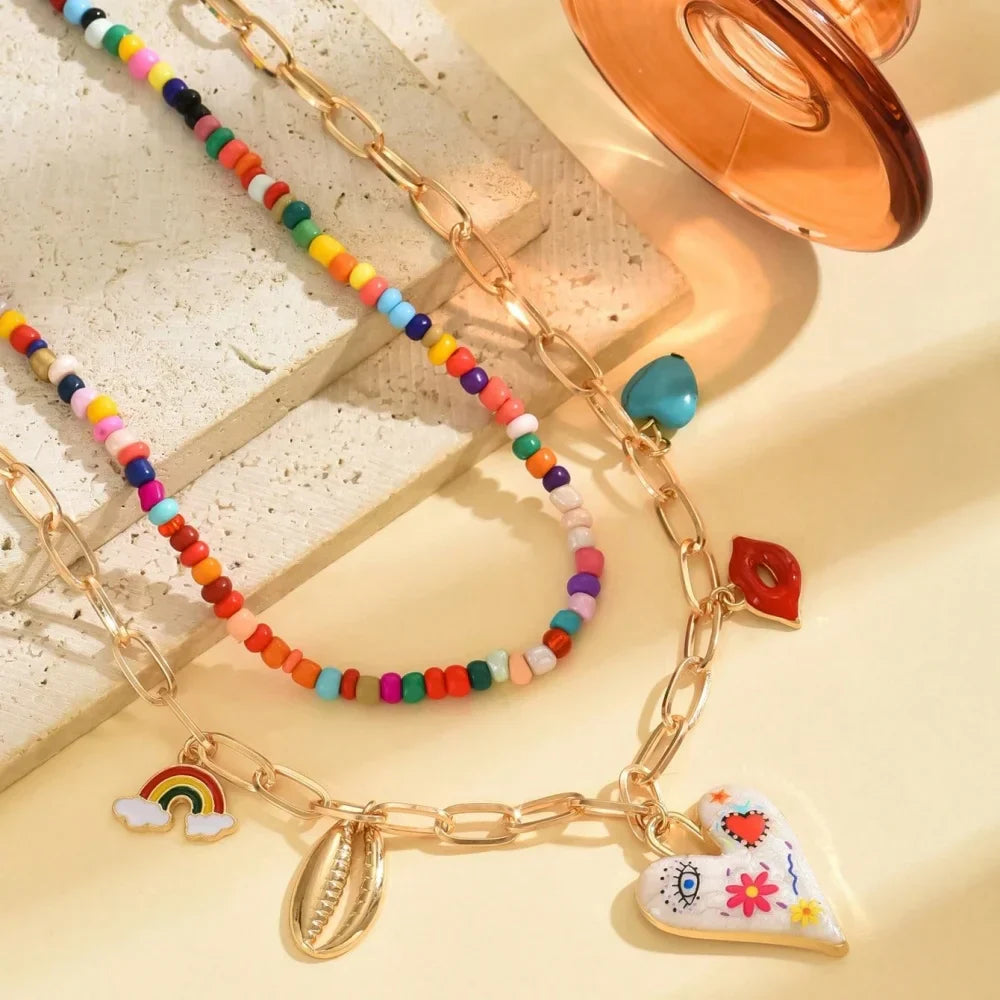 Bohemian Multilayer Handmade Beads Chain Fashion Necklaces Tassels Colorful Love Oil Drop Pendant Pendant Jewelry For Women Acce