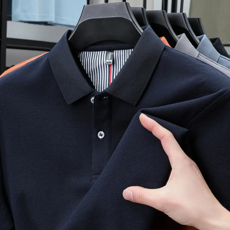 100% pure cotton short sleeved men's polo shirt summer boutique fashion high-quality top solid color collar back striped T-shirt