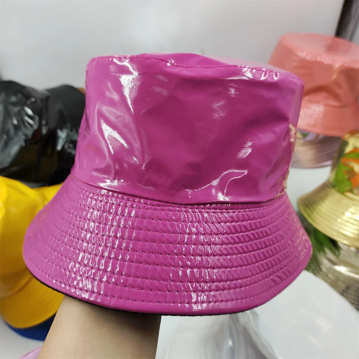 Colorful Shiny Leather Two Sided Fisherman Hat Women's and Men's Hip Hop Summer Sunshade Hat Foldable Bucket Hat